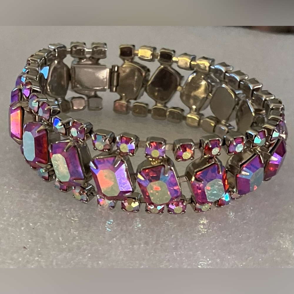 Gorgeous Vintage Pink Aurora Borealis rhinestone bracelet.